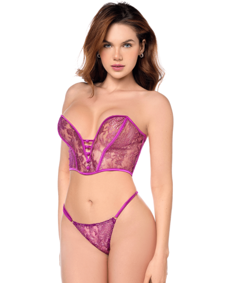 Ensemble sexy 2 pièces bustier & string en dentelle satinée 
